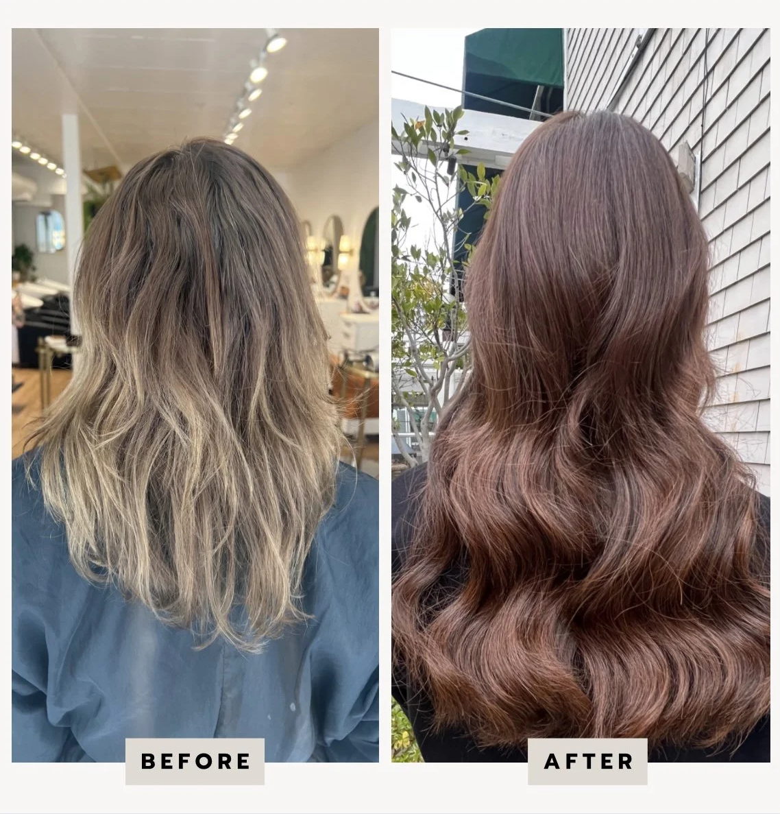 Side-by-side comparison of a woman's hair before and after styling. The "before" shows wavy, blonde hair with a slightly messy appearance. The "after" displays smooth, shiny, reddish-brown hair with defined waves.