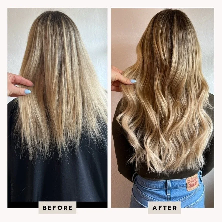 Comparison of hair before and after styling. The "before" shows long, straight, frizzy blonde hair. The "after" shows long, wavy, smooth, and shiny blonde hair.
