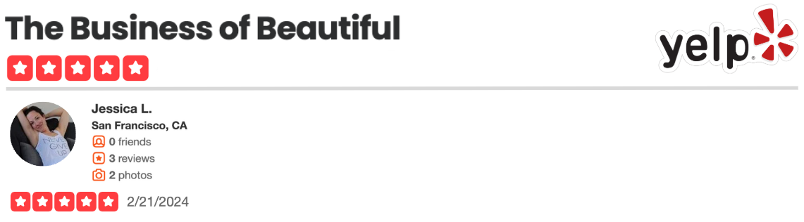 Yelp profile page for Jessica L. from San Francisco, CA, with 5-star rating, no friends, 3 reviews, 2 photos, and review date of February 21, 2024.