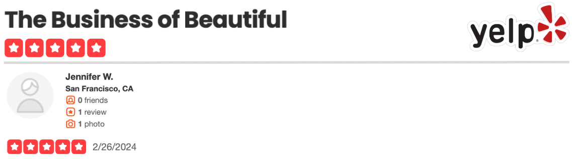 Yelp business profile header with a five-star rating, business name Jennifer W., location San Francisco, CA, 0 friends, 1 review, 1 photo, and date of review 2/26/2024.