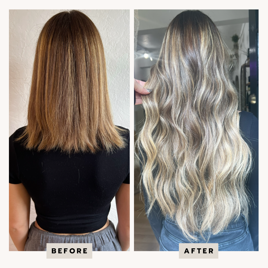 Side-by-side comparison of a woman's hair before and after a hair treatment. The left shows straight, light brown hair, and the right shows wavy, highlighted, blonde hair.