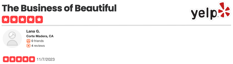 Screenshot of a Yelp profile page for Lana G. from Corte Madera, CA with 4 reviews and a five-star rating, dated November 7, 2023.