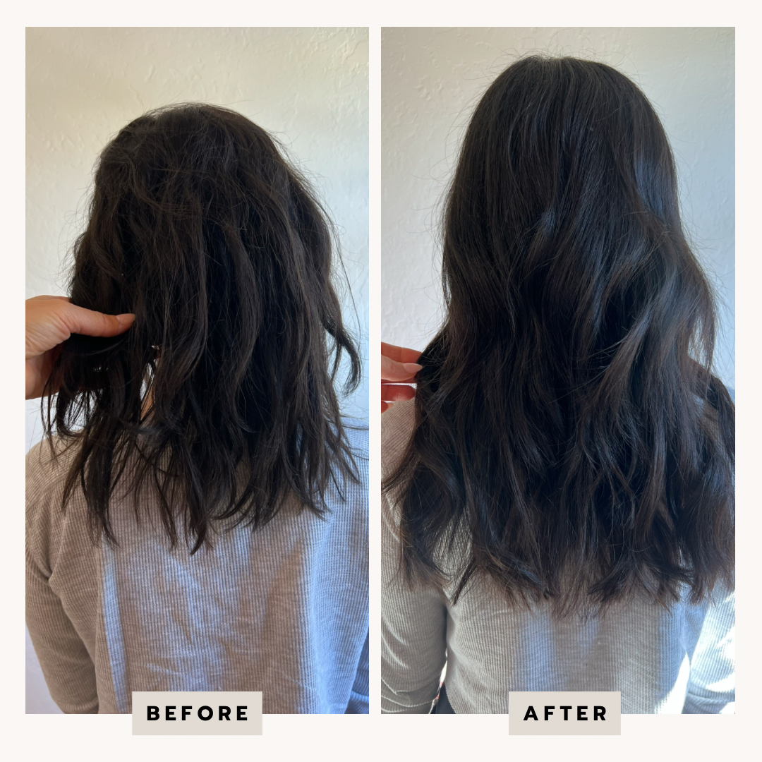 Comparison of a woman's hairstyle before and after a haircut. In the 'Before' image, her hair is wavy, shoulder-length, and slightly tousled. In the 'After' image, her hair is longer, darker, and styled with soft waves, appearing healthier and more polished.