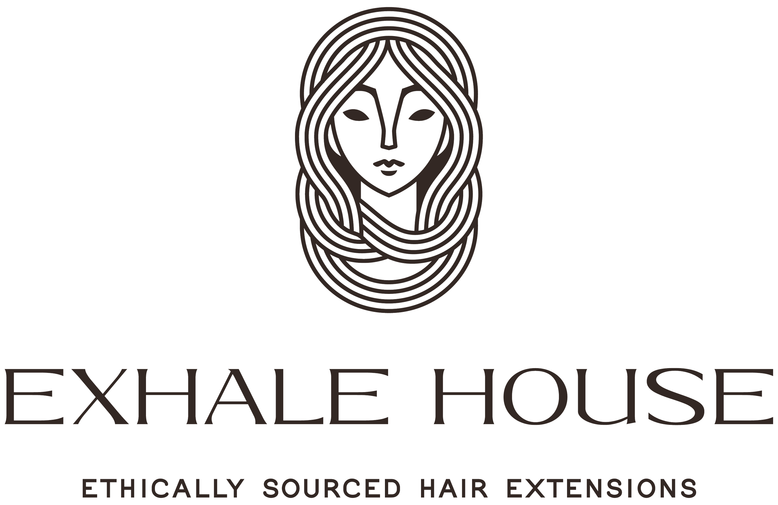 Logo of Exhale House featuring a stylized face of a woman with long hair, and the brand name in bold, with the tagline 'Ethically Sourced Hair Extensions' underneath.