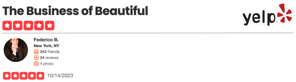 Yelp business profile for Federico B. from New York, NY, featuring a profile picture, 243 friends, 24 reviews, 1 photo, and a five-star rating date of 10/14/2023.