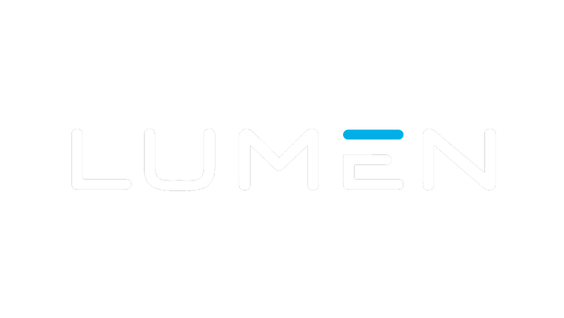 Lumen logo with white text on a black background and a blue accent on the letter E.
