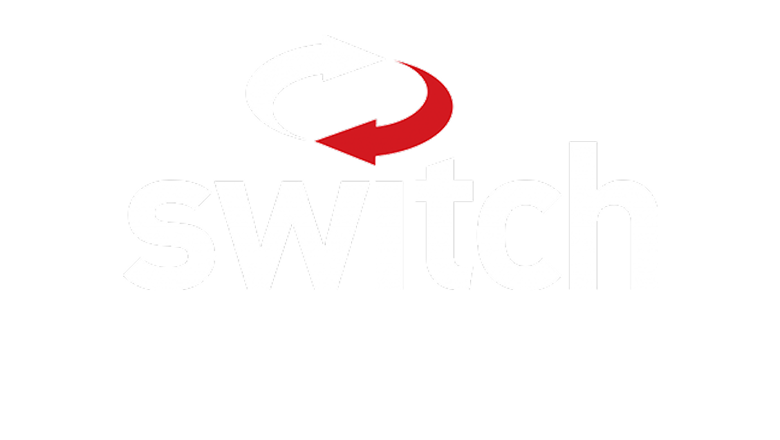 Logo with the word 'switch' in bold white letters, above circular arrows colored white and red, on a black background.