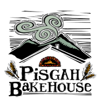 Logo for Pisgah Bakehouse featuring a mountain landscape, swirling clouds, and trees.