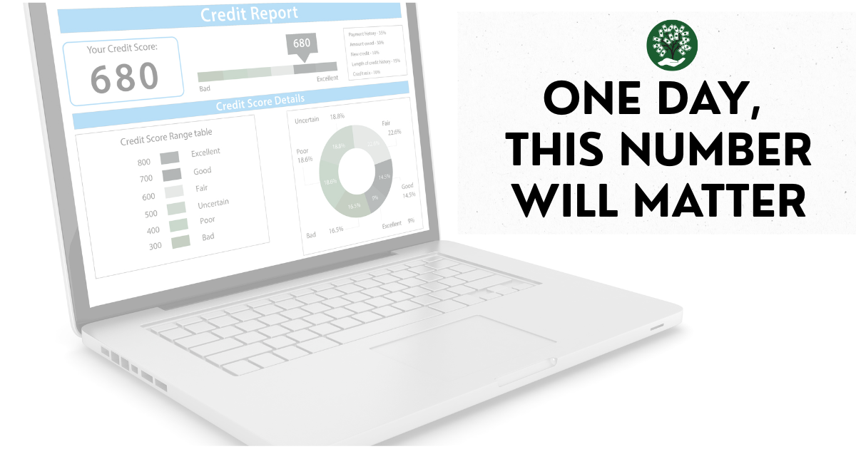 Laptop displaying a credit report with a credit score of 680, alongside the words “One Day, This Number Will Matter,” highlighting the importance of understanding credit scores for teens.