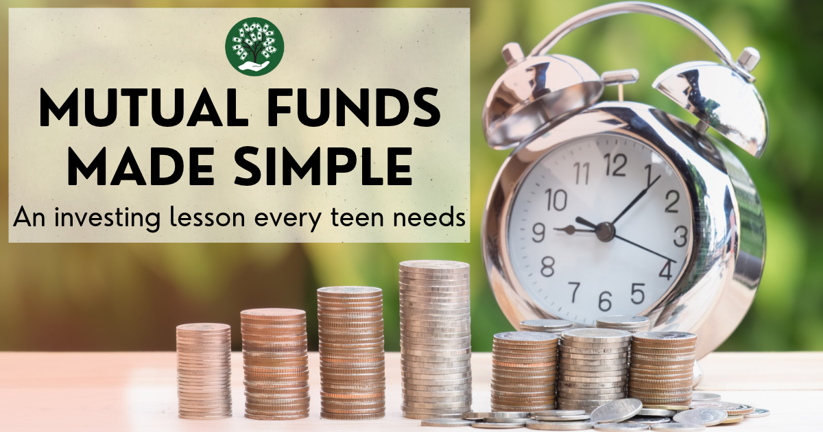 Stacks of coins beside a clock representing long-term investing and mutual fund education for teens.