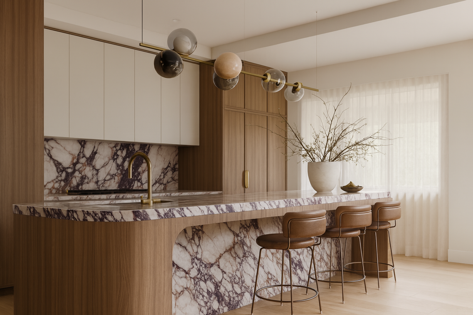Modern kitchen with marble island, wooden cabinetry, white upper cabinets, a gold faucet, pendant lights with glass globes, a large potted plant on the counter, and sheer curtains in the background.