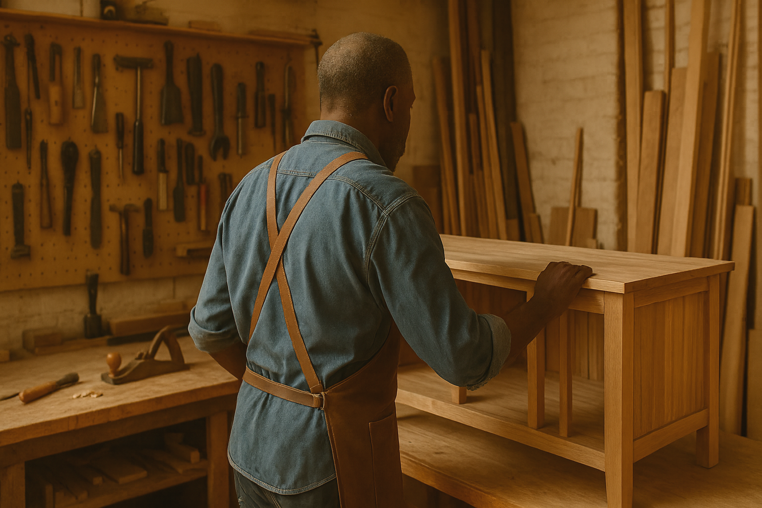 Man in denim shirt and apron inspecting a wooden cabinet in a woodworking shop.