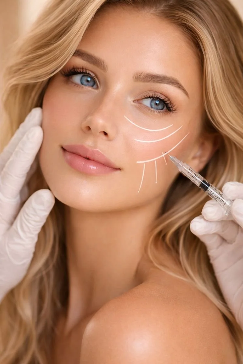 Close-up of a young woman with blonde hair and blue eyes touching her face gently, looking at the camera against a neutral gray background.
