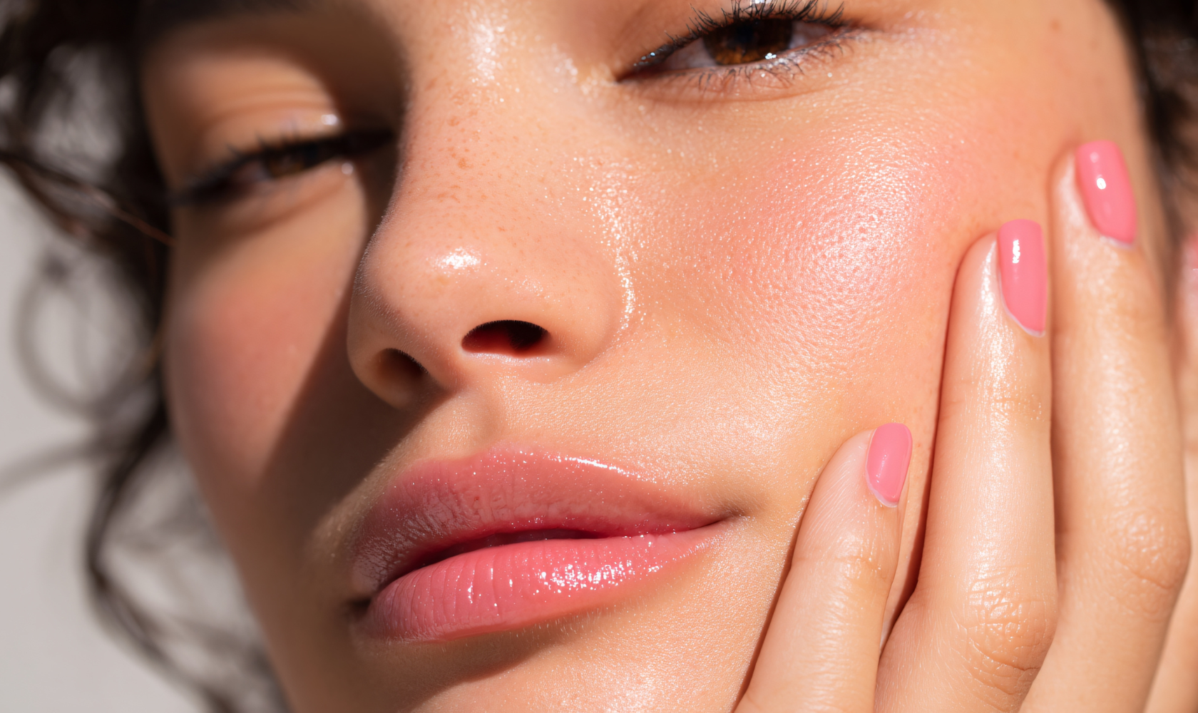 Close-up of a young woman's face with light makeup, pink lipstick, natural skin texture, and pink painted nails touching her face.