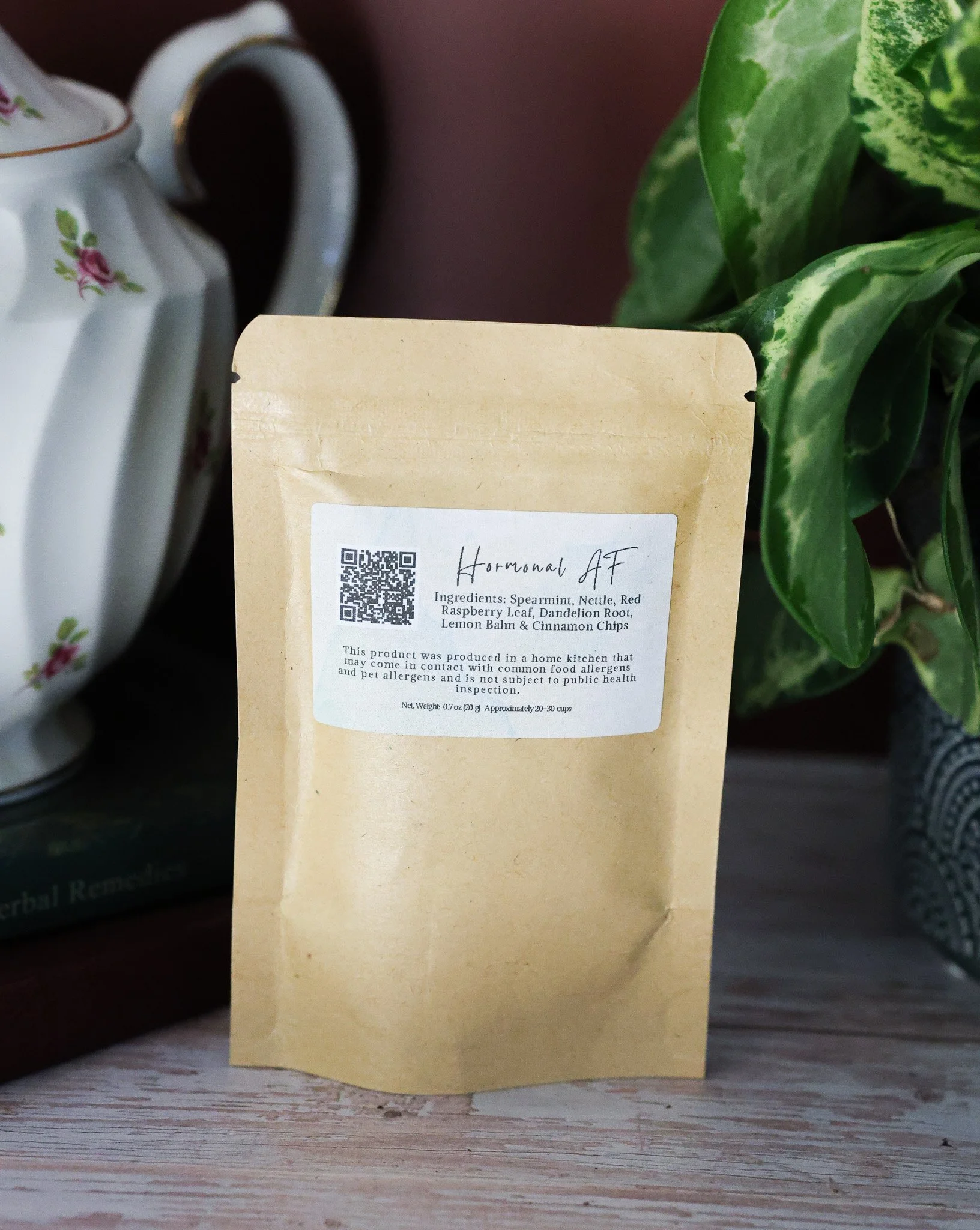 Caffeine-free hormone support tea blend featuring spearmint, nettle leaf, raspberry leaf, dandelion root, cinnamon, and lemon balm.