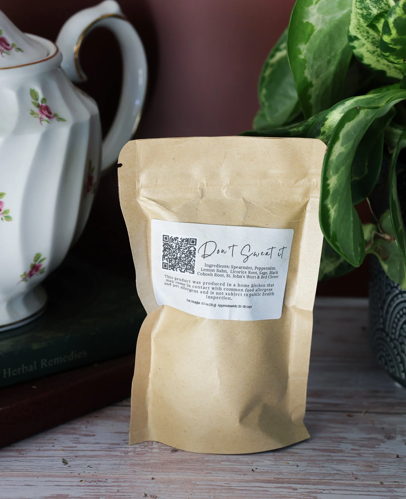 Herbal hot flash support tea with red clover, sage leaf, peppermint, spearmint, black cohosh, and lemon balm by Raise Wellness.