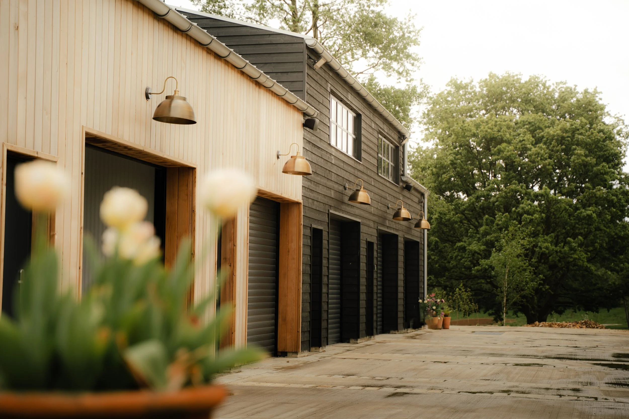 A modern house with a light-colored wooden exterior and black shingles, featuring multiple large windows. There are outdoor wall-mounted lamps on the house. The house is surrounded by greenery, including trees and potted plants, with a paved patio in the foreground.