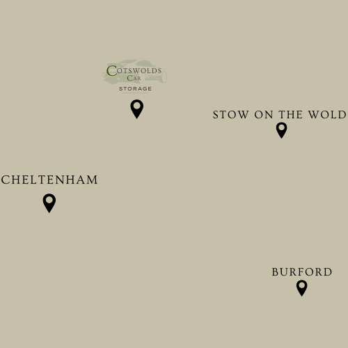 Map showing locations of Cotswolds Car Storage, Stow on the Wold, Cheltenham, and Burford.