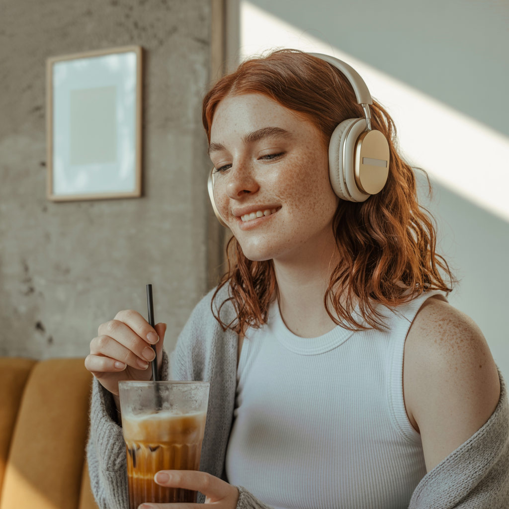 CEO Aesthetic and digital marketing aesthetic image of a a female entrepreneur drinking coffee and listening to Biz Beyond the Gram podcast on her headphones.