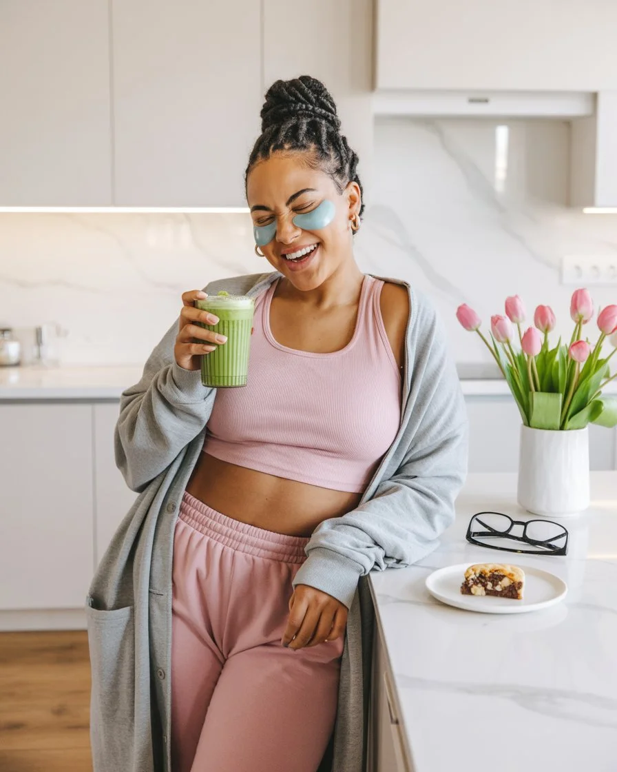 an attractive black woman with braids, wearing under eye gel masks whilst sipping her iced vanilla matcha latte in an aesthetic kitchen