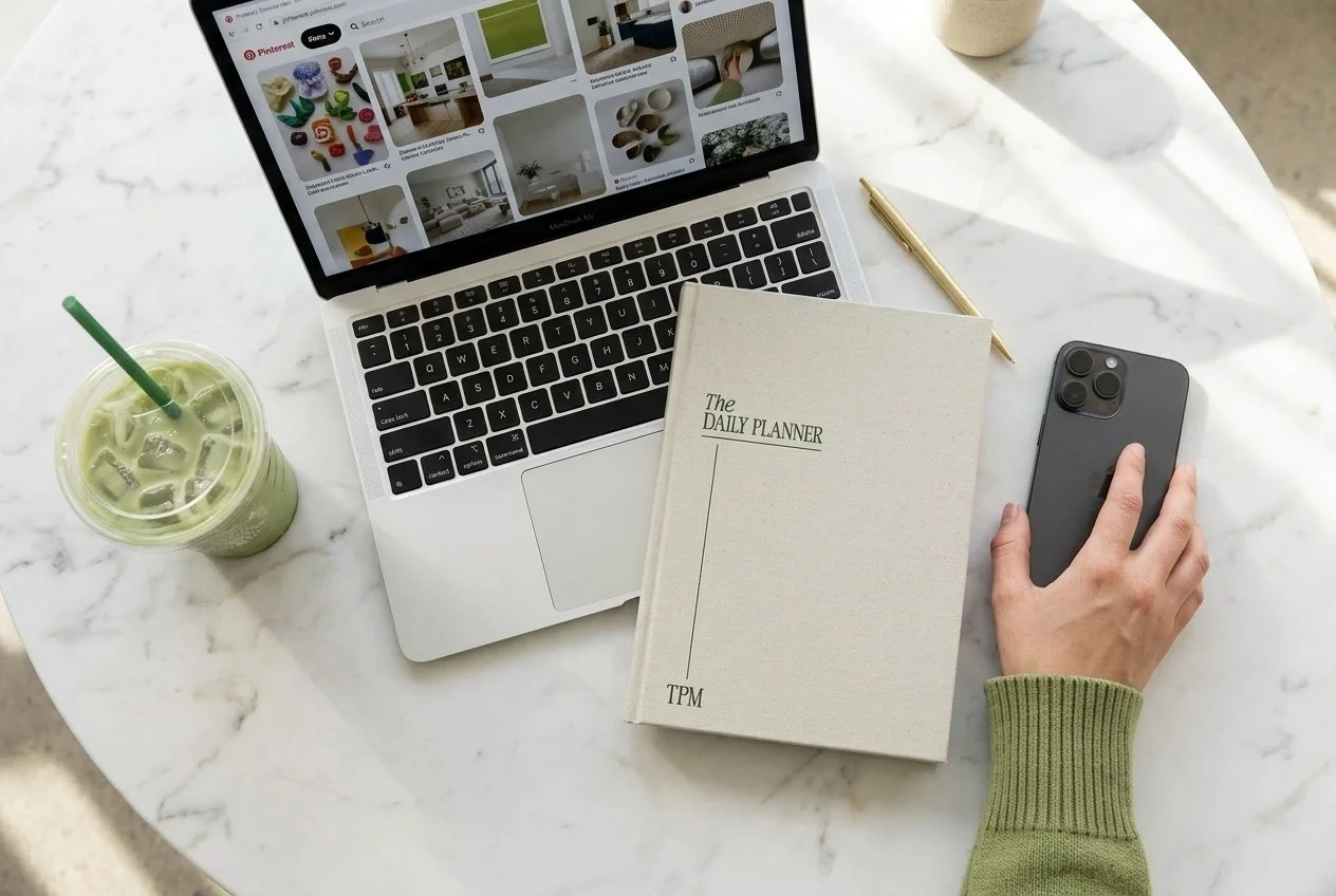 The daily planner - the productivity method by Grace Beverley, sits on a marble desk alongside a laptop and an iced matcha latte. The perfect daily paper planner with a great planner aesthetic.
