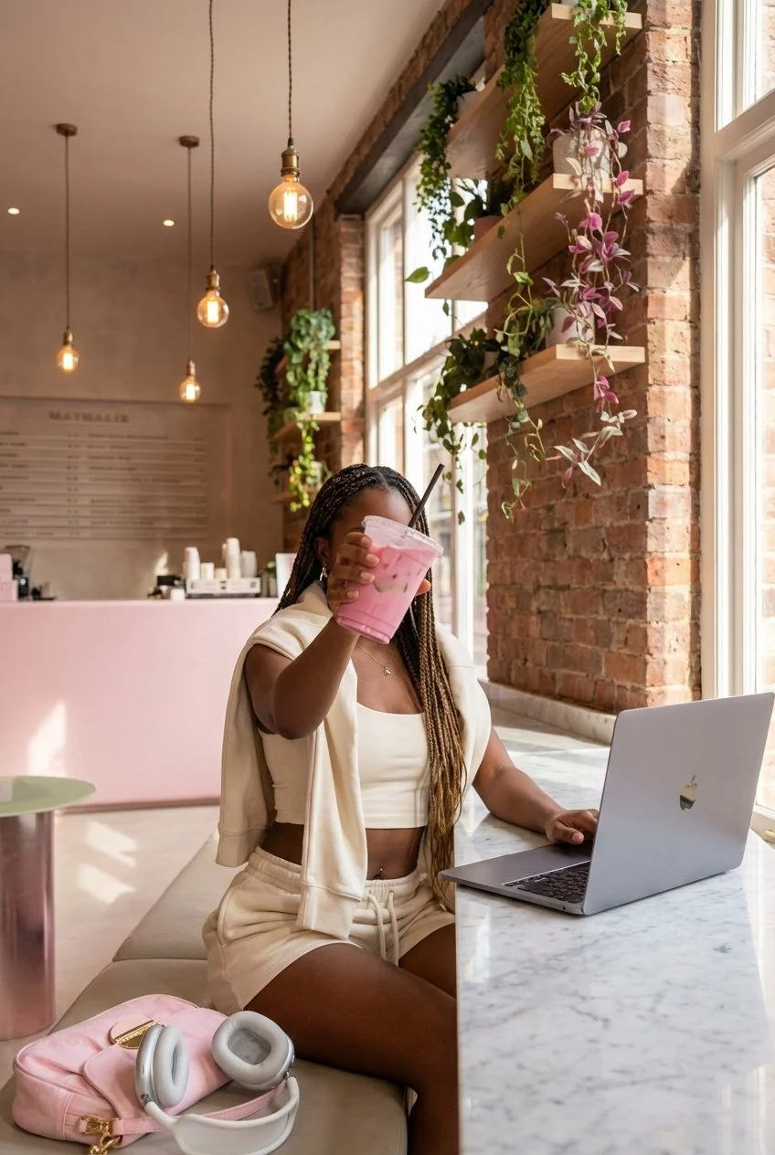 A stylish lifestyle photograph of a Black woman with intricate braids sitting at a sleek marble table in a trendy cafe - how to become a Pinterest manager