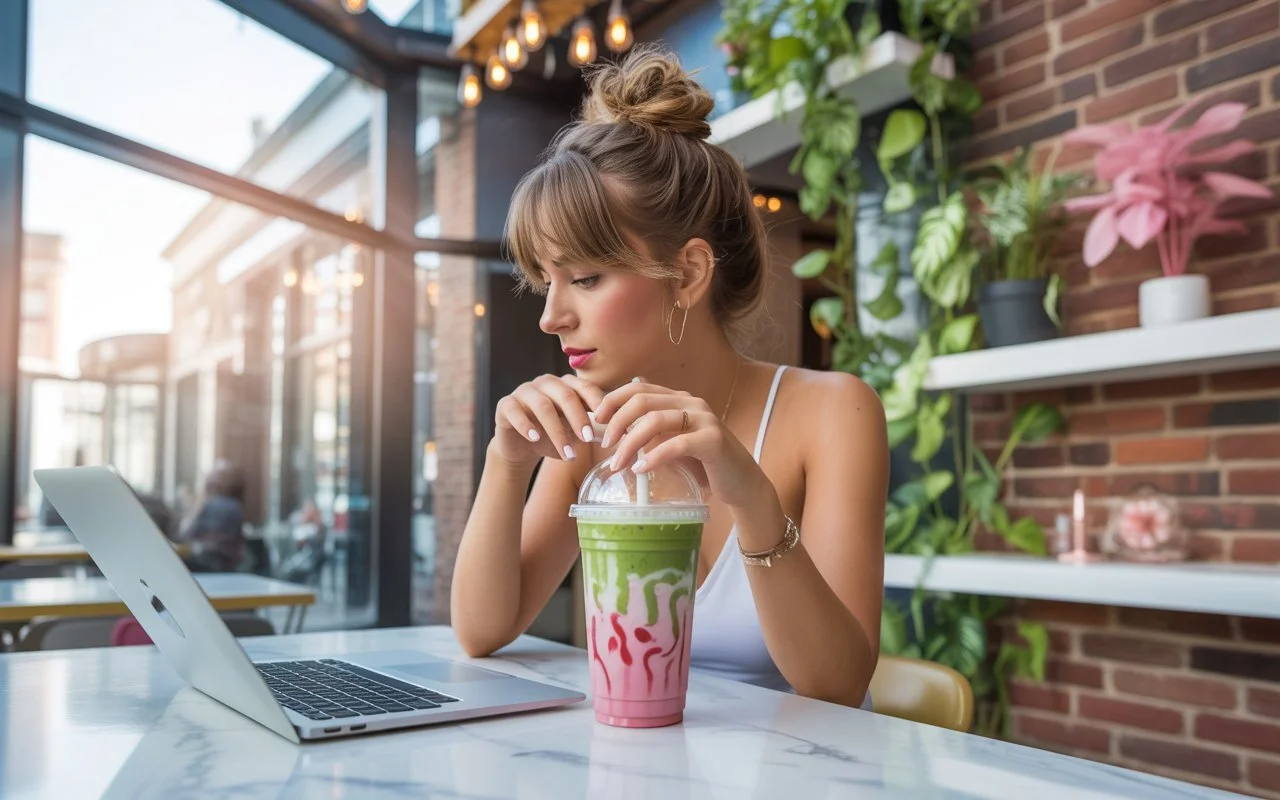 A stylish photograph of a woman drinking a strawberry iced matcha latte in a cafe with her laptop - how to become a pinterest manager