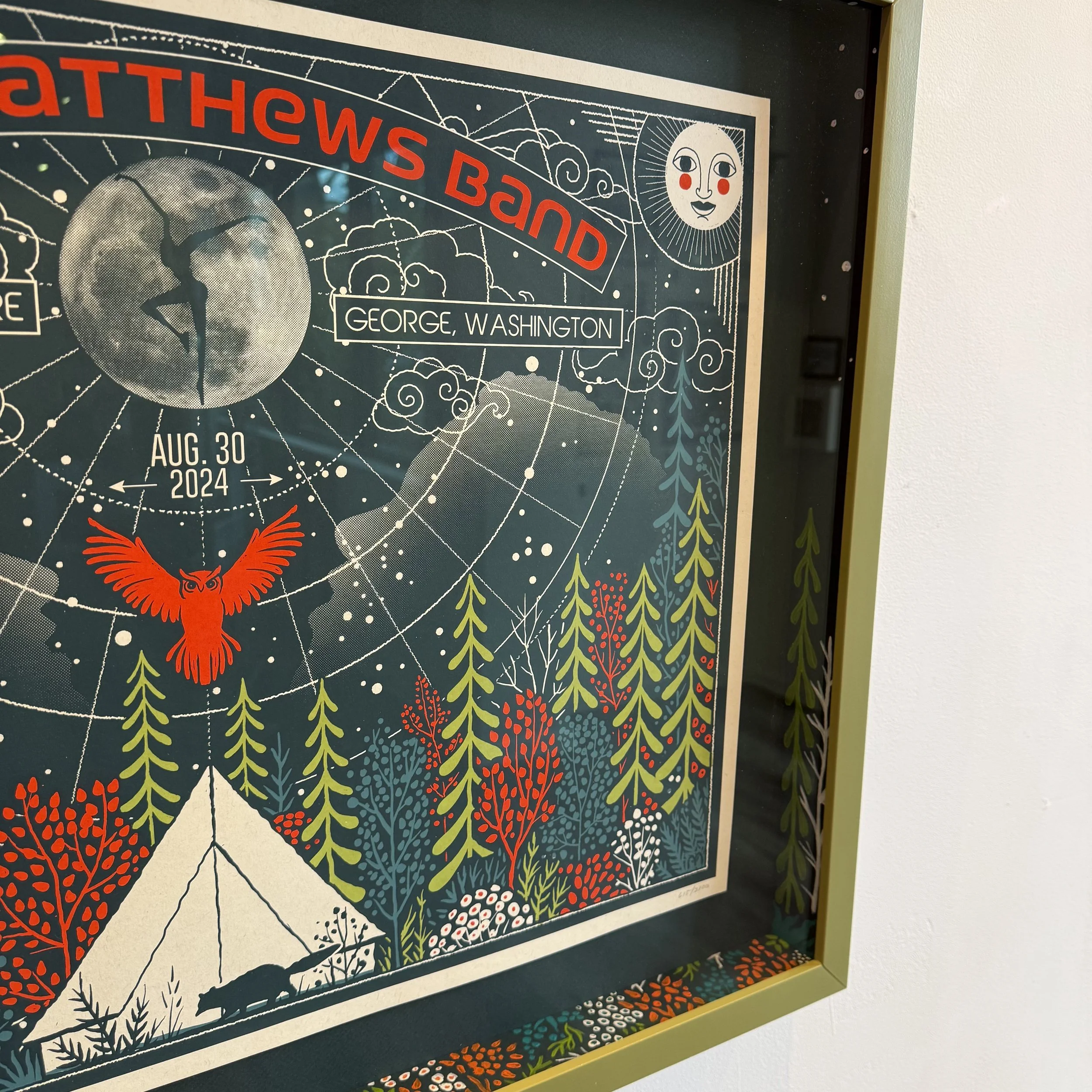 Poster for the Thieves Band event on August 30, 2024, in George, Washington, featuring celestial and forest motifs, including a moon, a smiling sun with a face, an owl, and stylized trees.