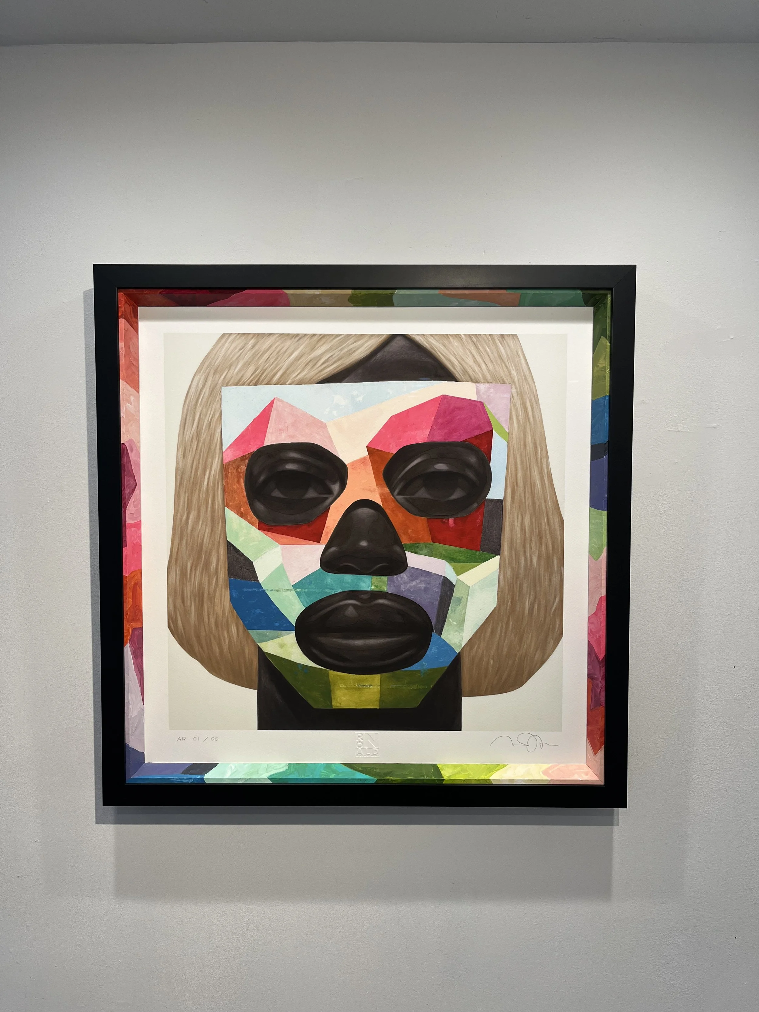 Colorful modern portrait of a person with blonde hair and sunglasses, painted in an abstract geometric style with vibrant colors and shapes.