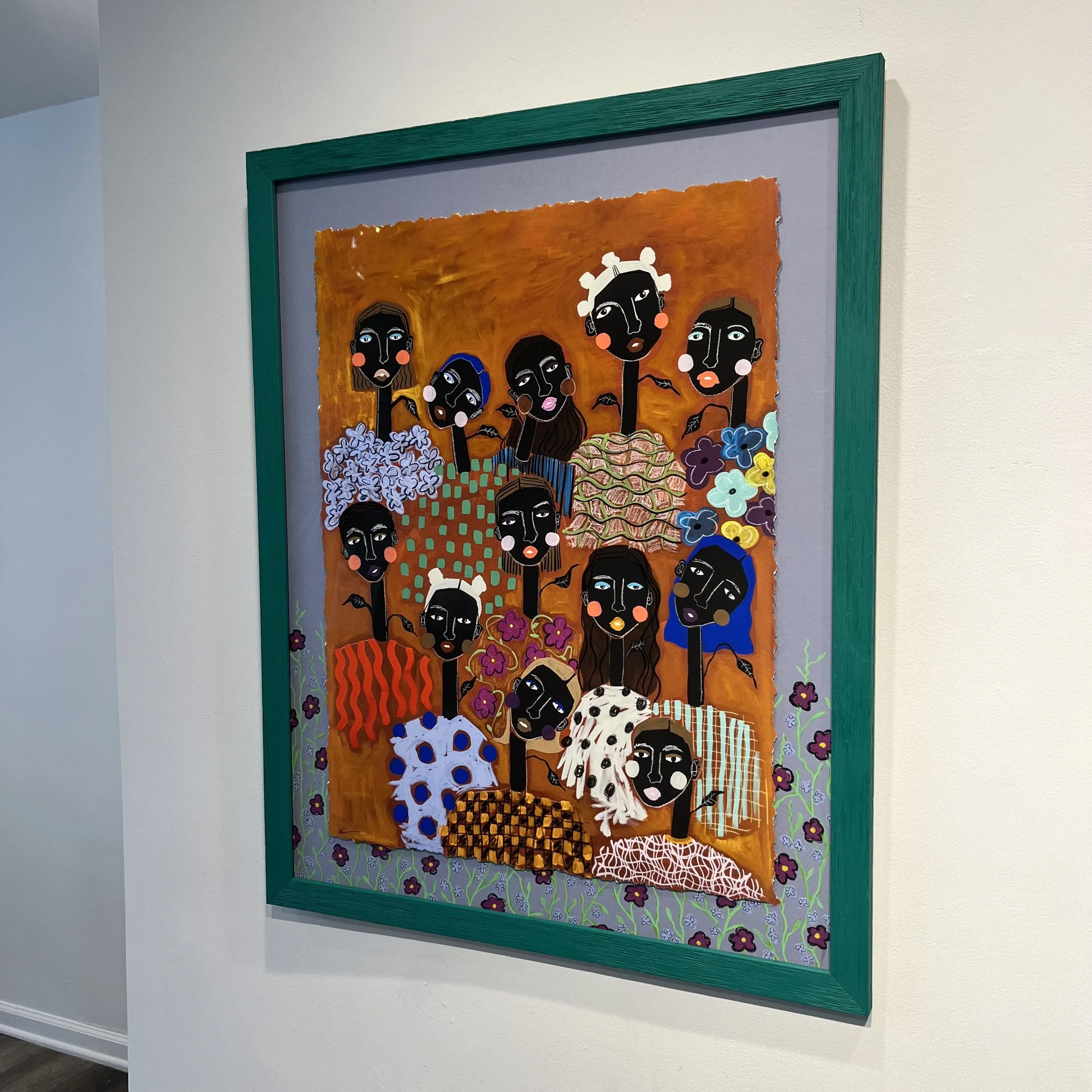 A colorful painting of multiple women with dark skin and long black hair, wearing various patterned dresses, standing outdoors against an orange background, surrounded by flowers and plants.