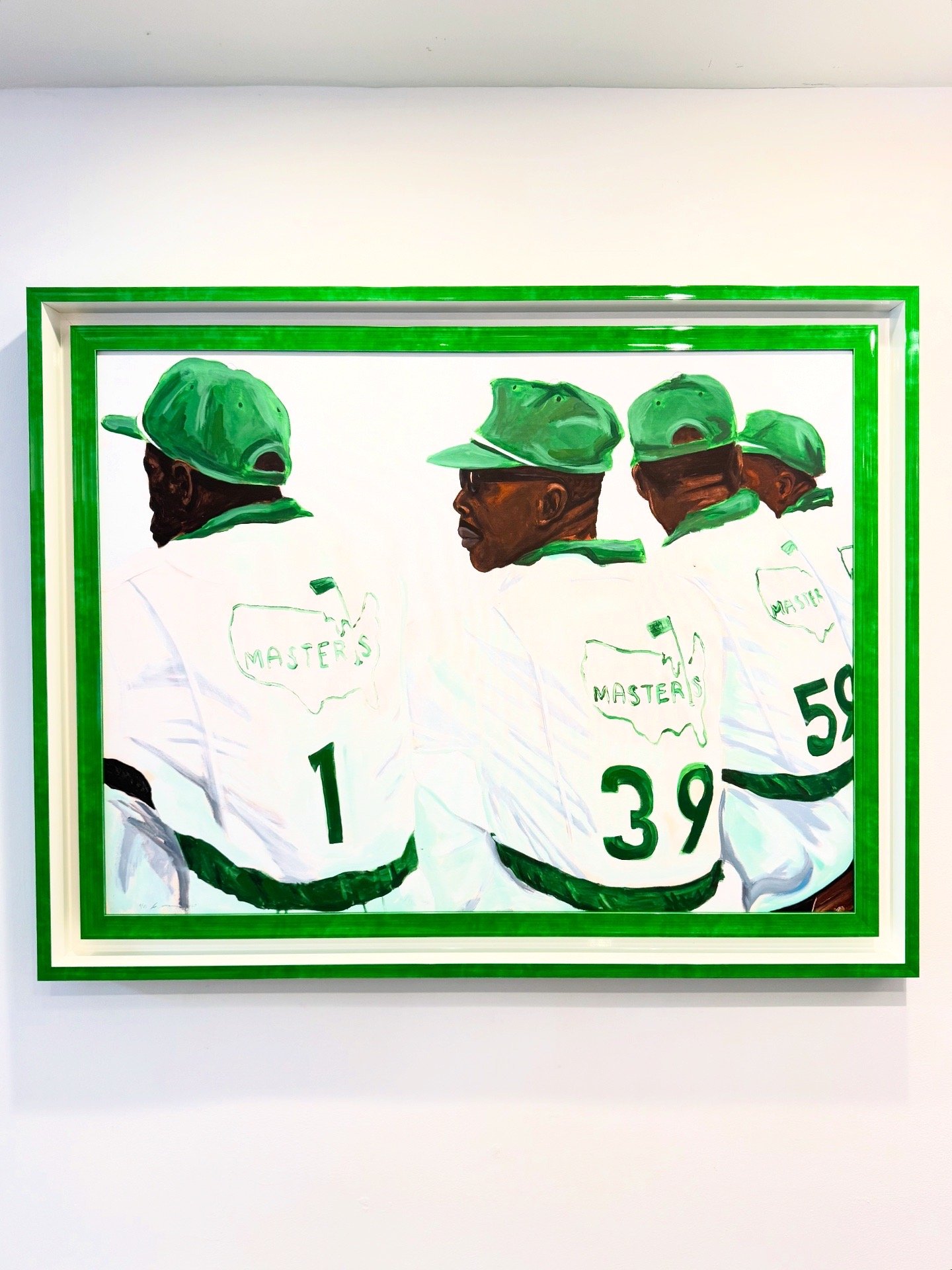 Painting of four individuals wearing white baseball jerseys with green caps and the numbers 1, 39, and 59 on their backs. The jerseys have a logo that says 'Master's' inside an outline of the United States. The artwork is framed with green borders.