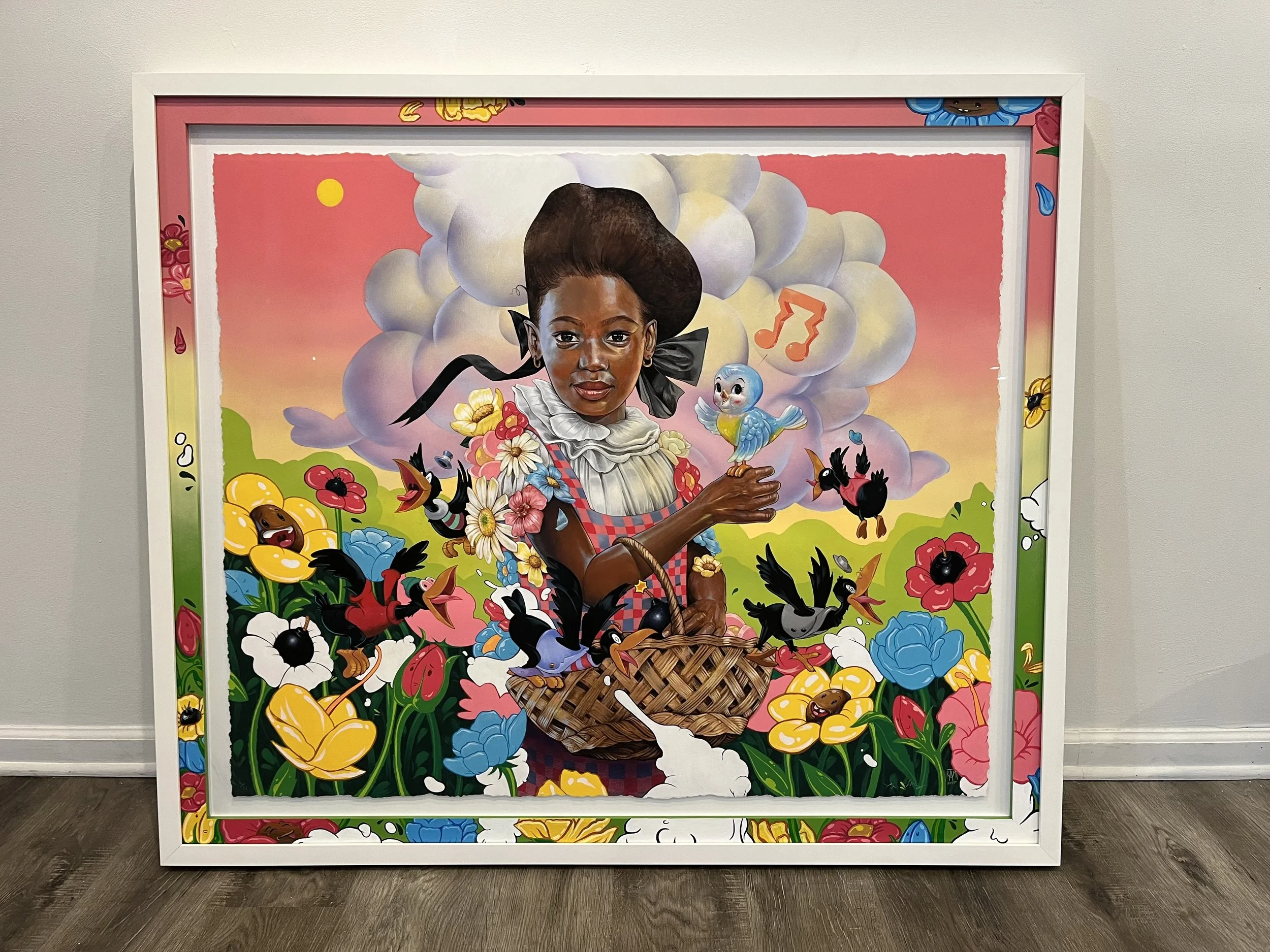 Colorful painting of a woman with dark skin, wearing a floral dress and holding a blue bird, surrounded by flowers, singing birds, and musical notes, with a pink and yellow sky background.