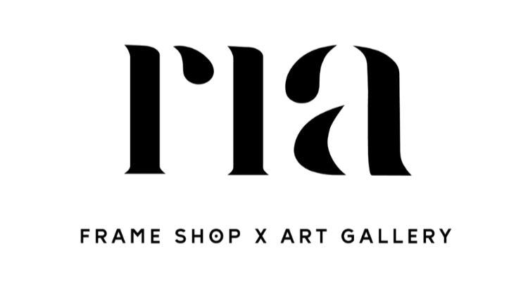 Black and white logo with abstract initials and the words 'Frame Shop x Art Gallery' underneath.
