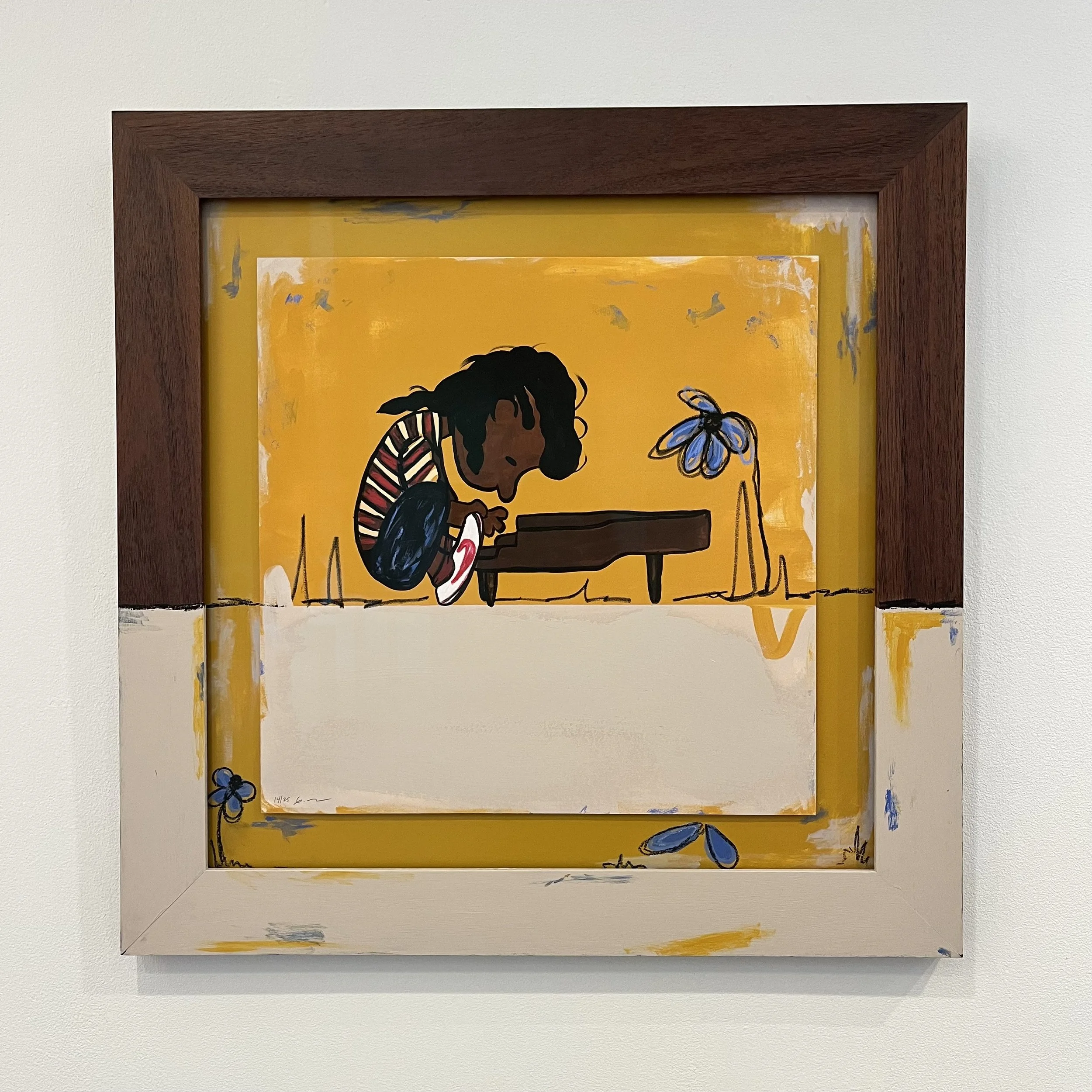 A colorful painting of a young girl with dark hair sitting on a bench, looking at a butterfly with a yellow background and cowgirl boots.