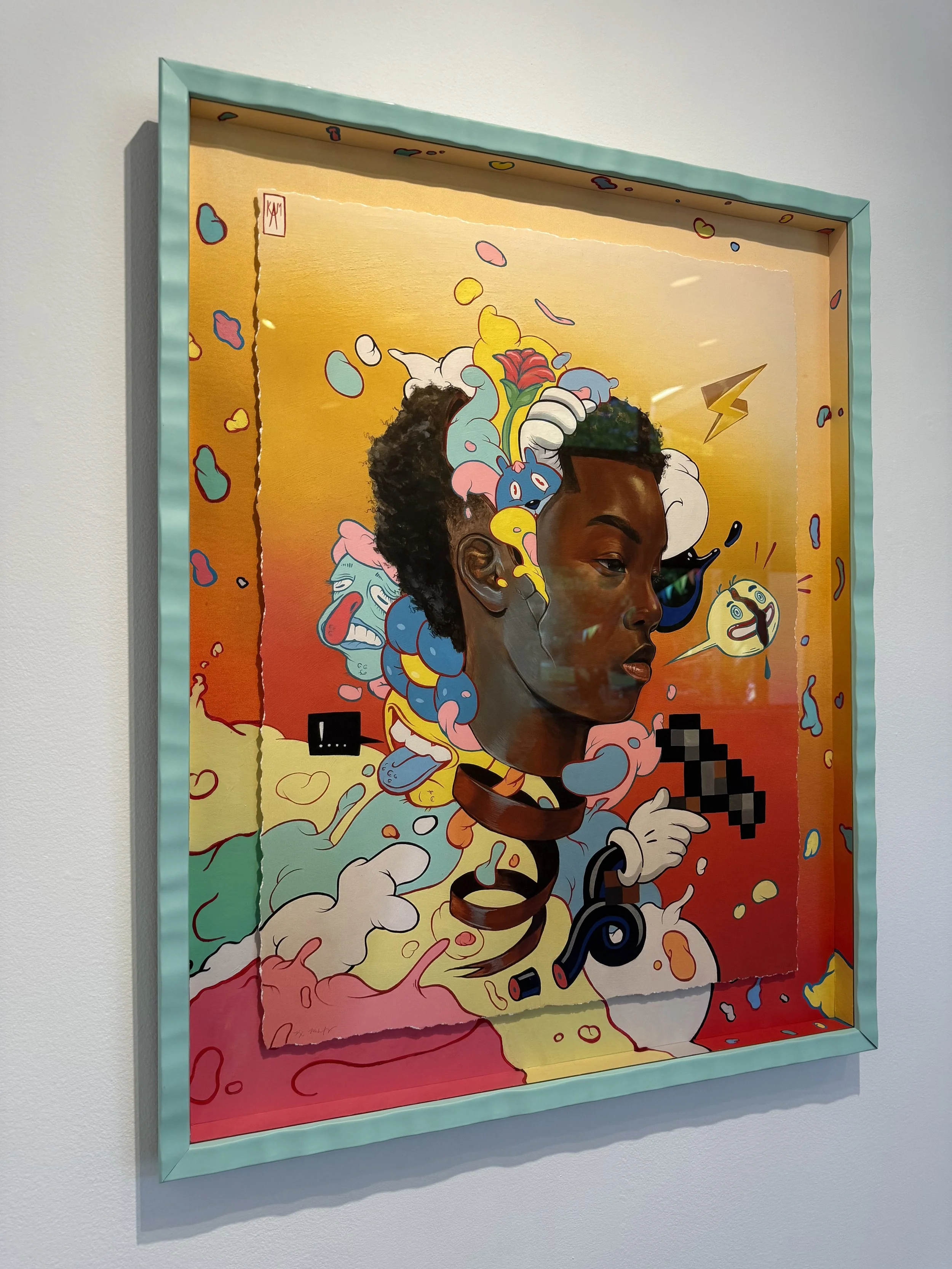 A colorful mixed-media artwork combining a realistic portrait of a woman with cartoonish and abstract elements, framed in a light blue frame.