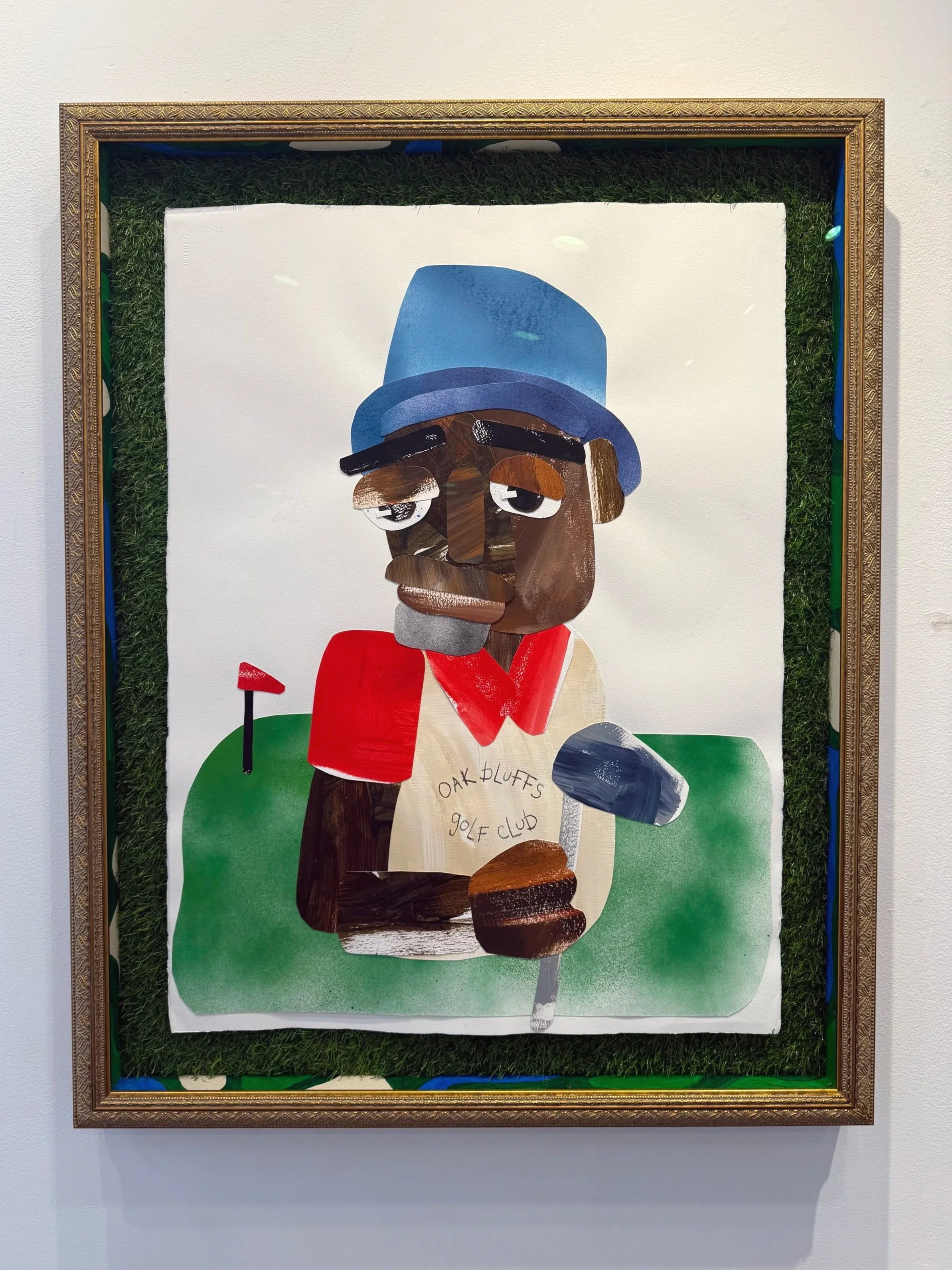 A mixed-media collage artwork of a sad-looking golfer wearing a blue hat and a red vest, holding a golf club, with a green golf course background and a small golf hole.