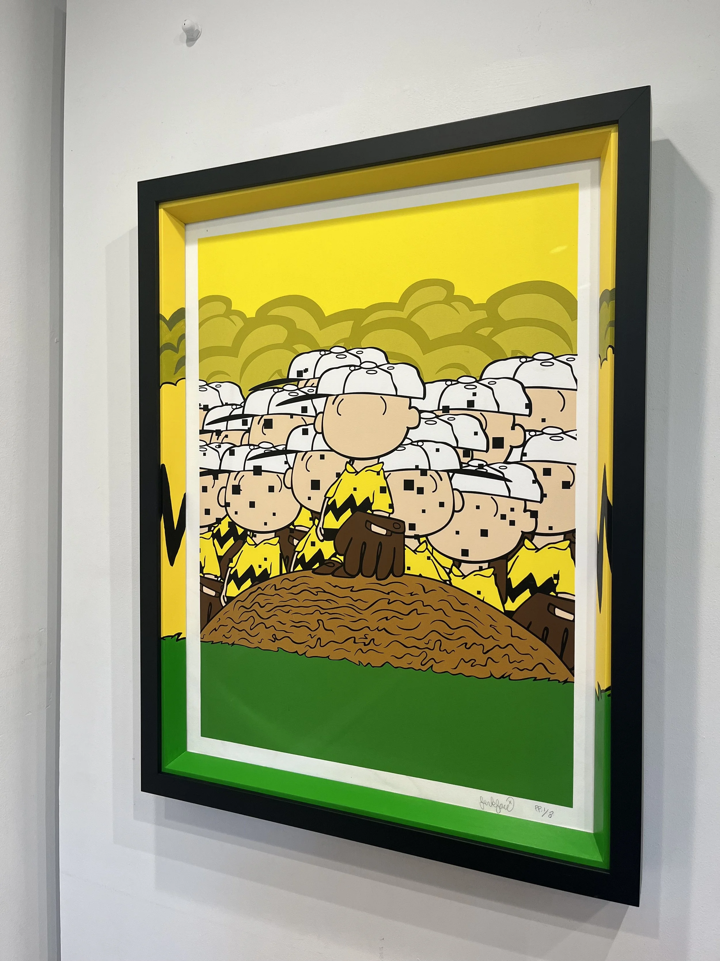 Artwork of Charlie Brown and a group of Peanuts characters wearing yellow and black striped shirts, standing in a field with a bright yellow sky and clouds in the background.