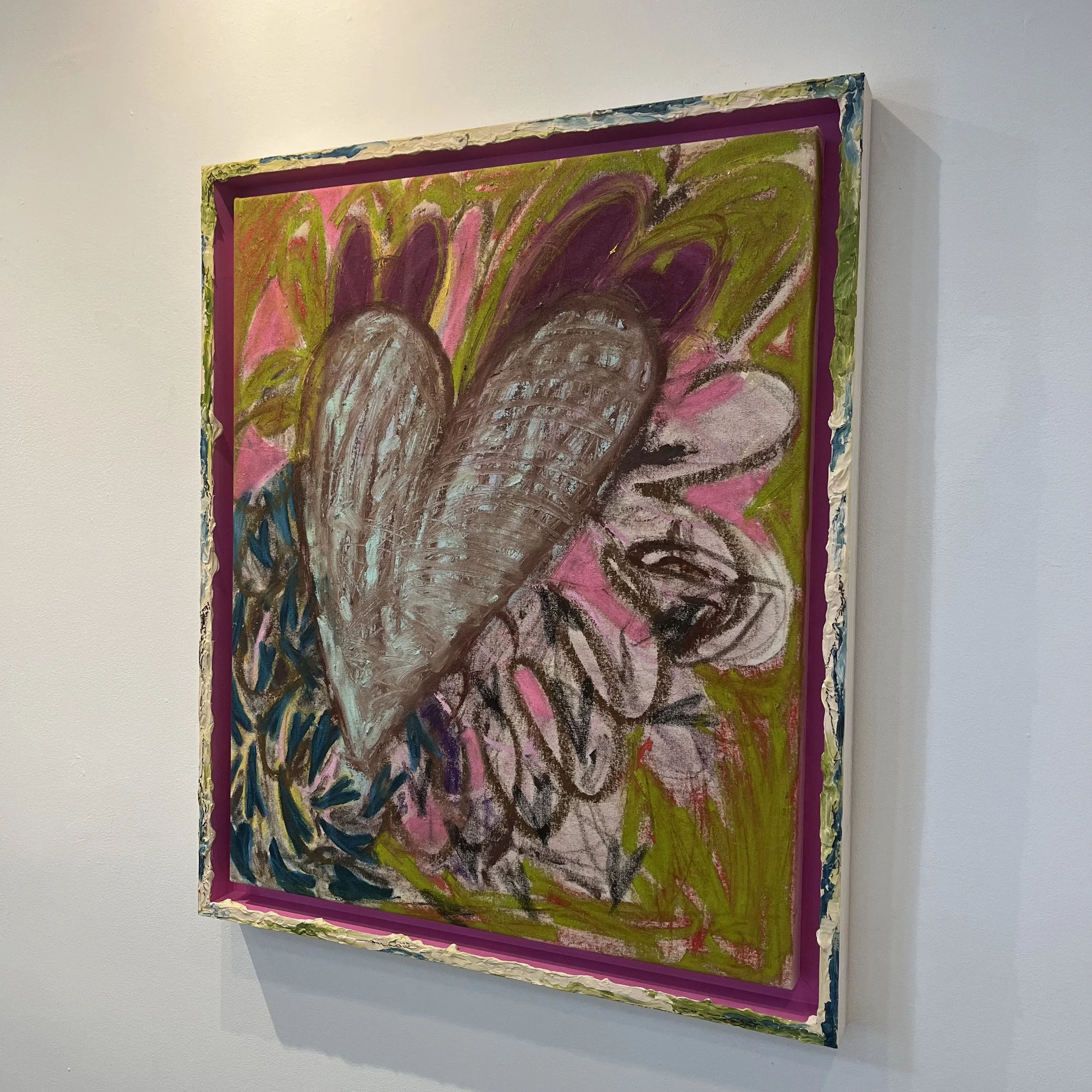 Colorful abstract painting with a large heart shape in the center, surrounded by expressive brushstrokes in pink, purple, green, black, and white on a textured canvas.