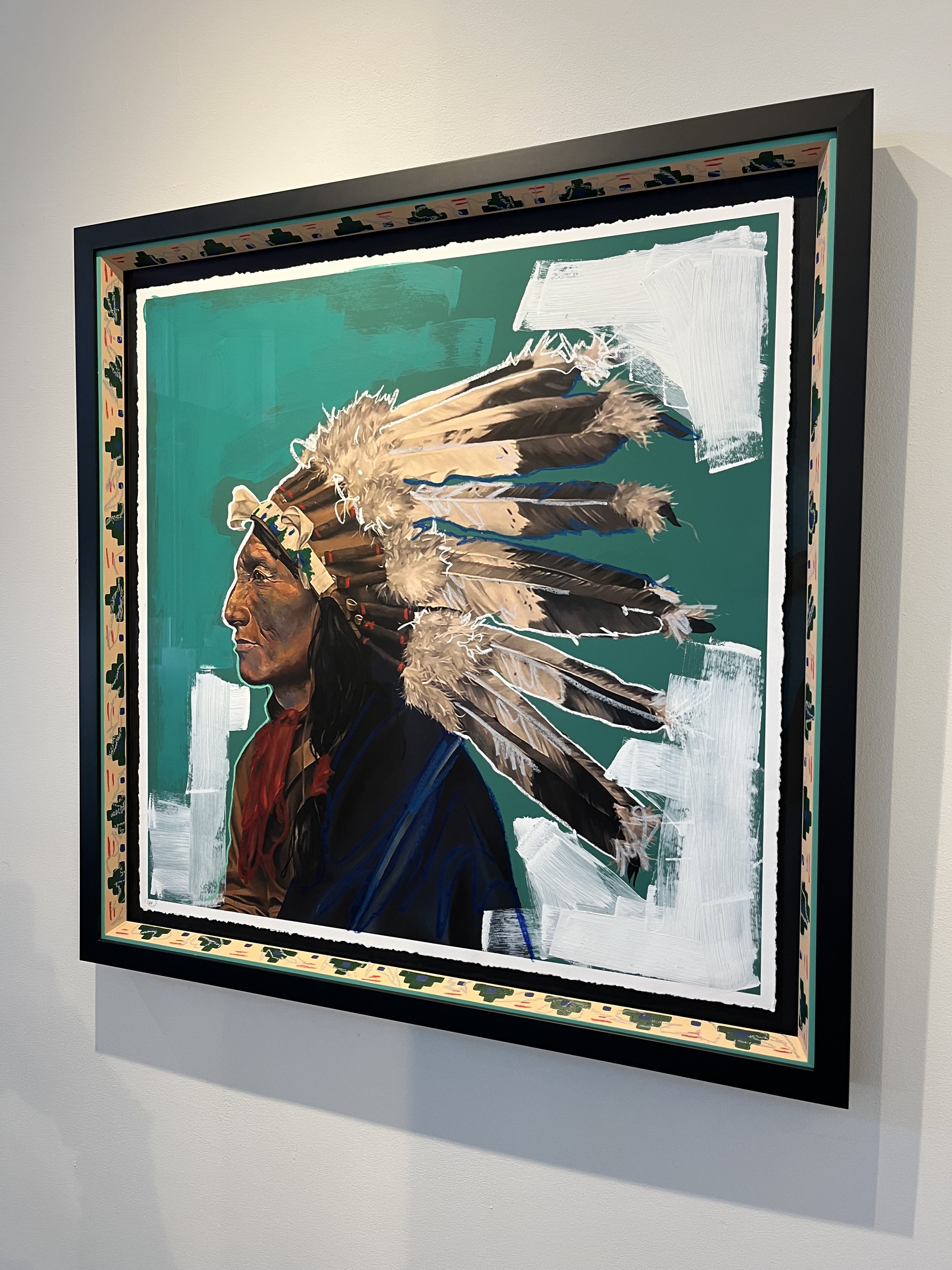 Painting of a Native American man in traditional headdress with feathers. The background features abstract white and teal brushstrokes.