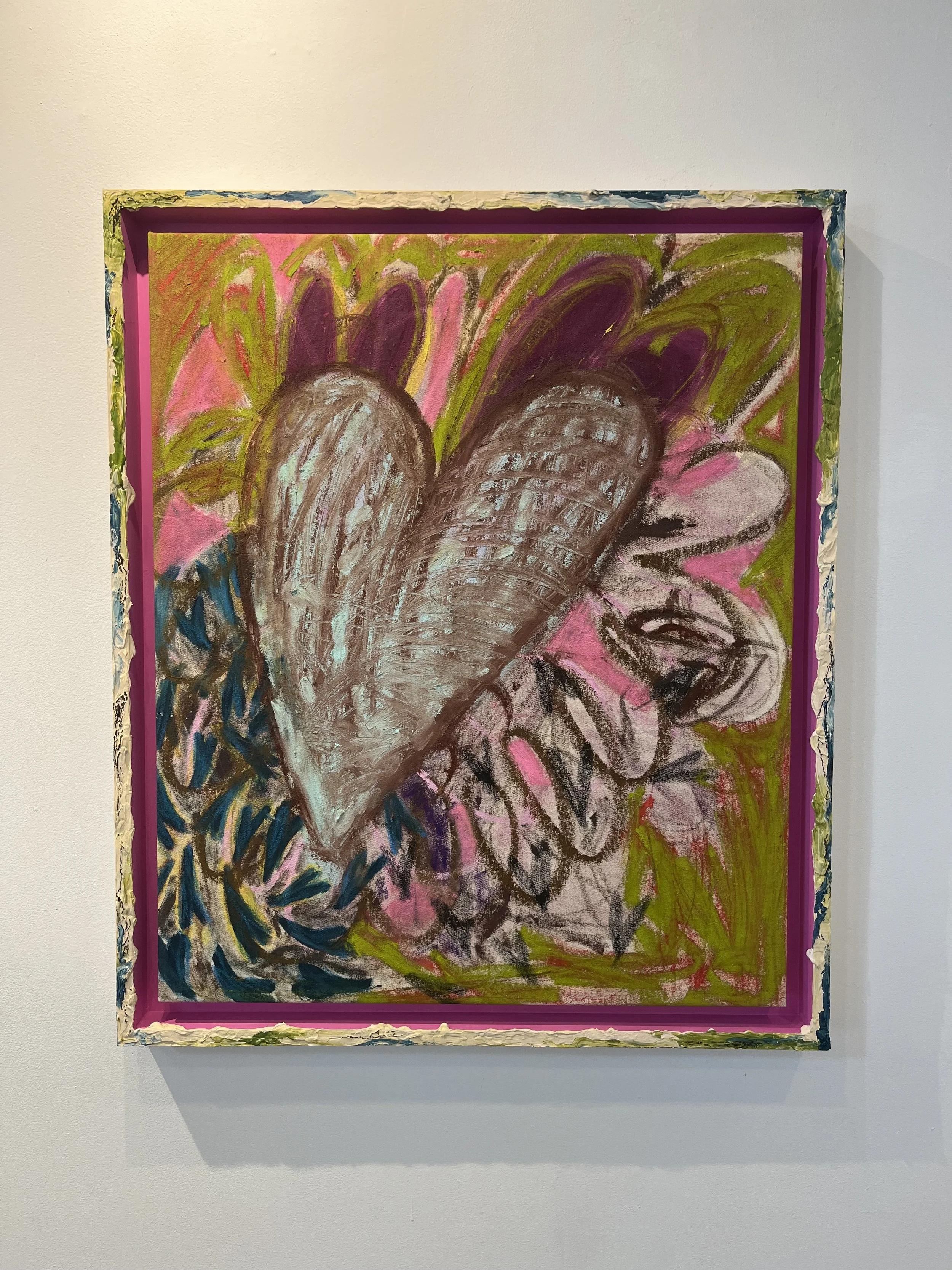 Abstract painting with a large ice cream cone in the center, surrounded by colorful swirls and background details in pink, purple, green, and black, enclosed in a textured frame.