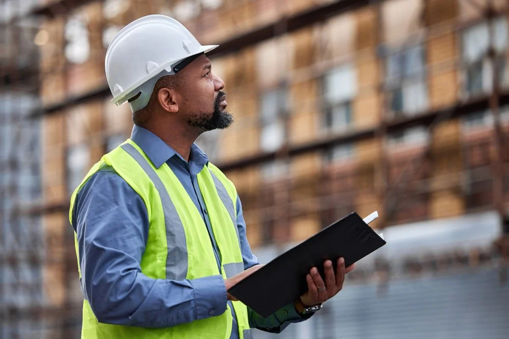 A construction worker wearing a white safety helmet and a yellow reflective vest, holding a clipboard, looking at a building under construction in the background.