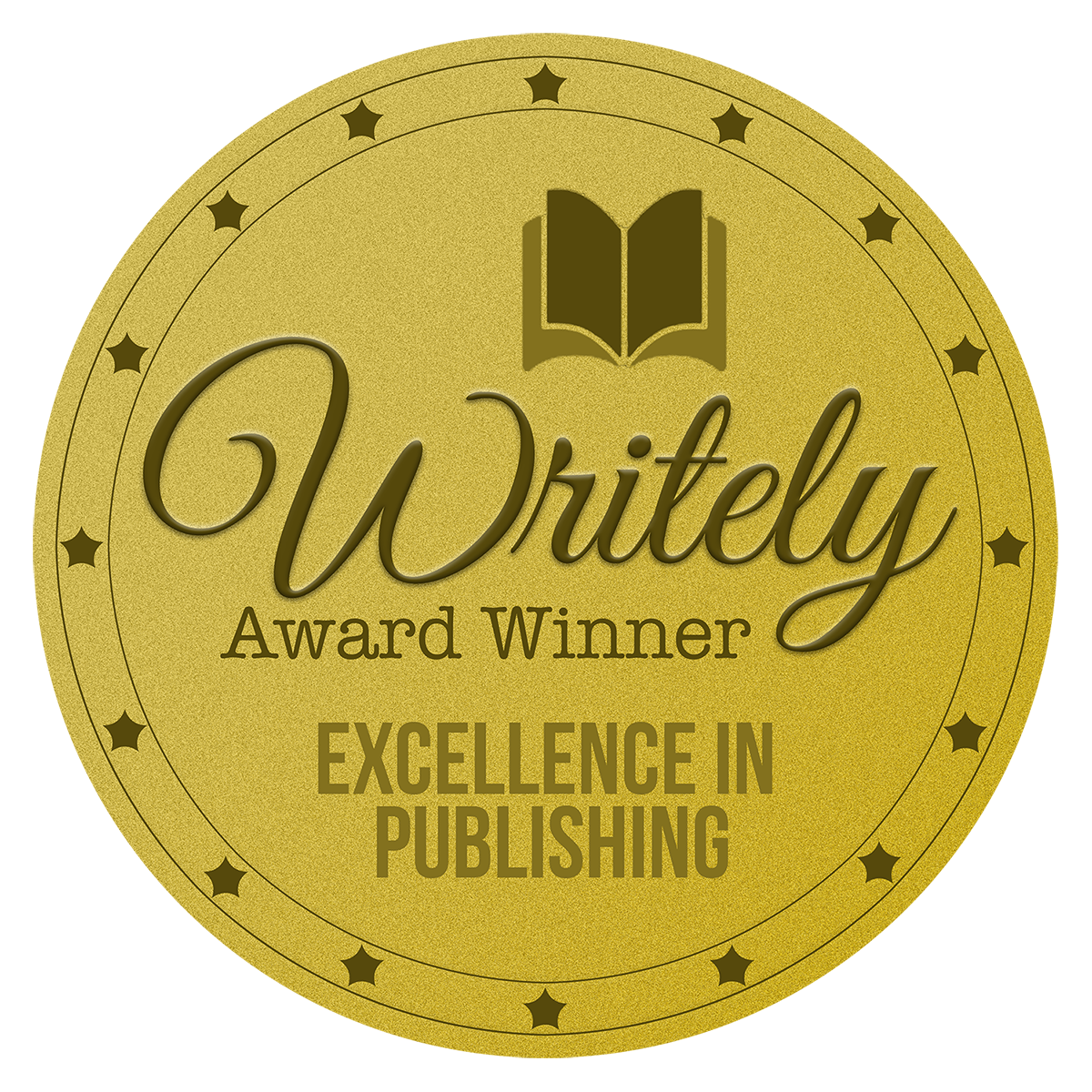 Gold Writely Award Winner badge for excellence in publishing, featuring an open-book icon and decorative stars.