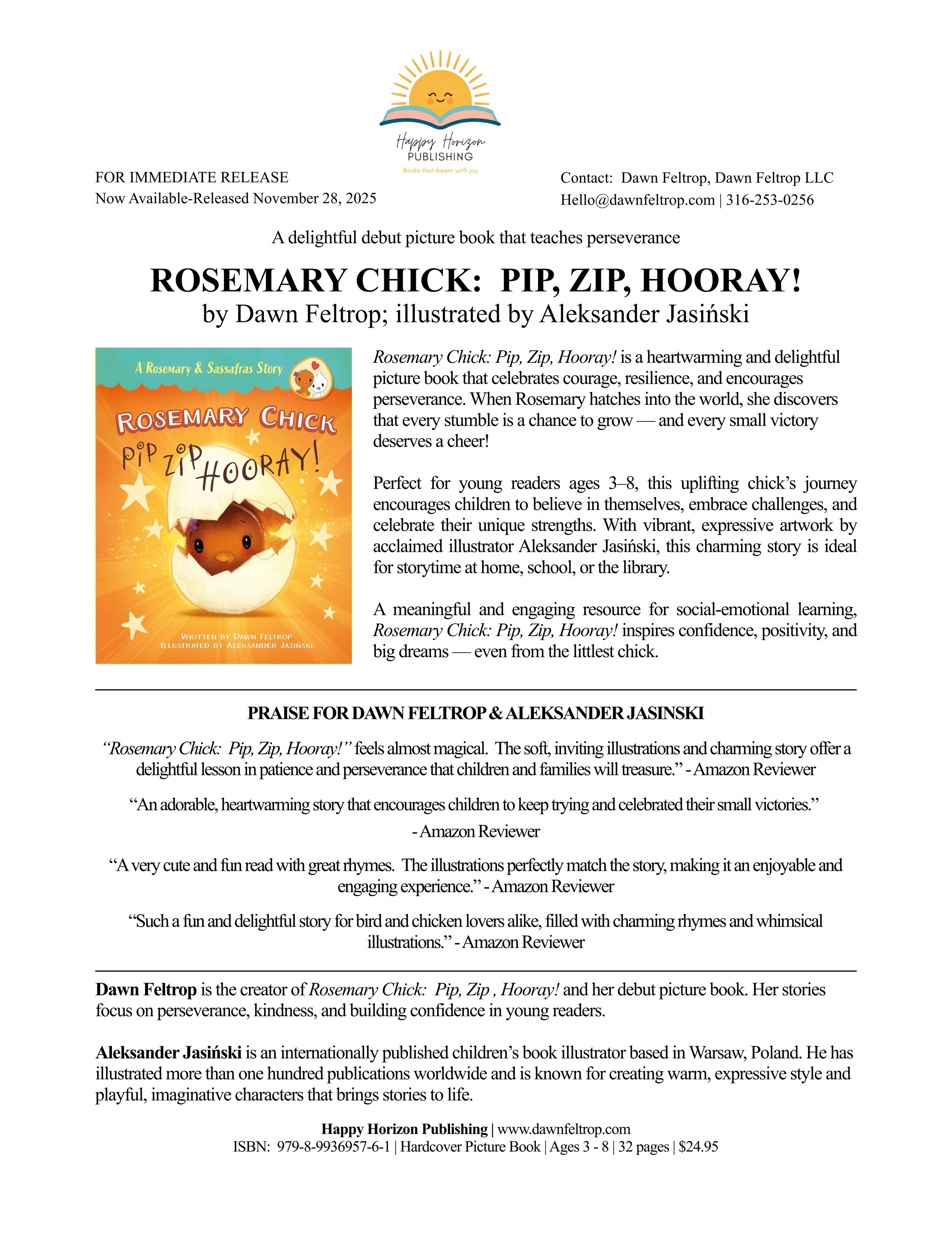 Book cover of "Rosemary Chick: Pip, Zip, Hooray!", a children's picture book featuring a smiling chick hatching from an egg.