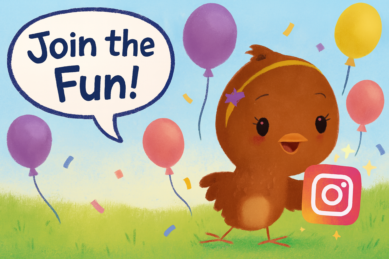 A cartoon image of Rosemary Chick with a purple rosemary headband, surrounded by colorful balloons and confetti. A speech bubble says 'Join the Fun!'. The Instagram logo is in the bottom right corner.