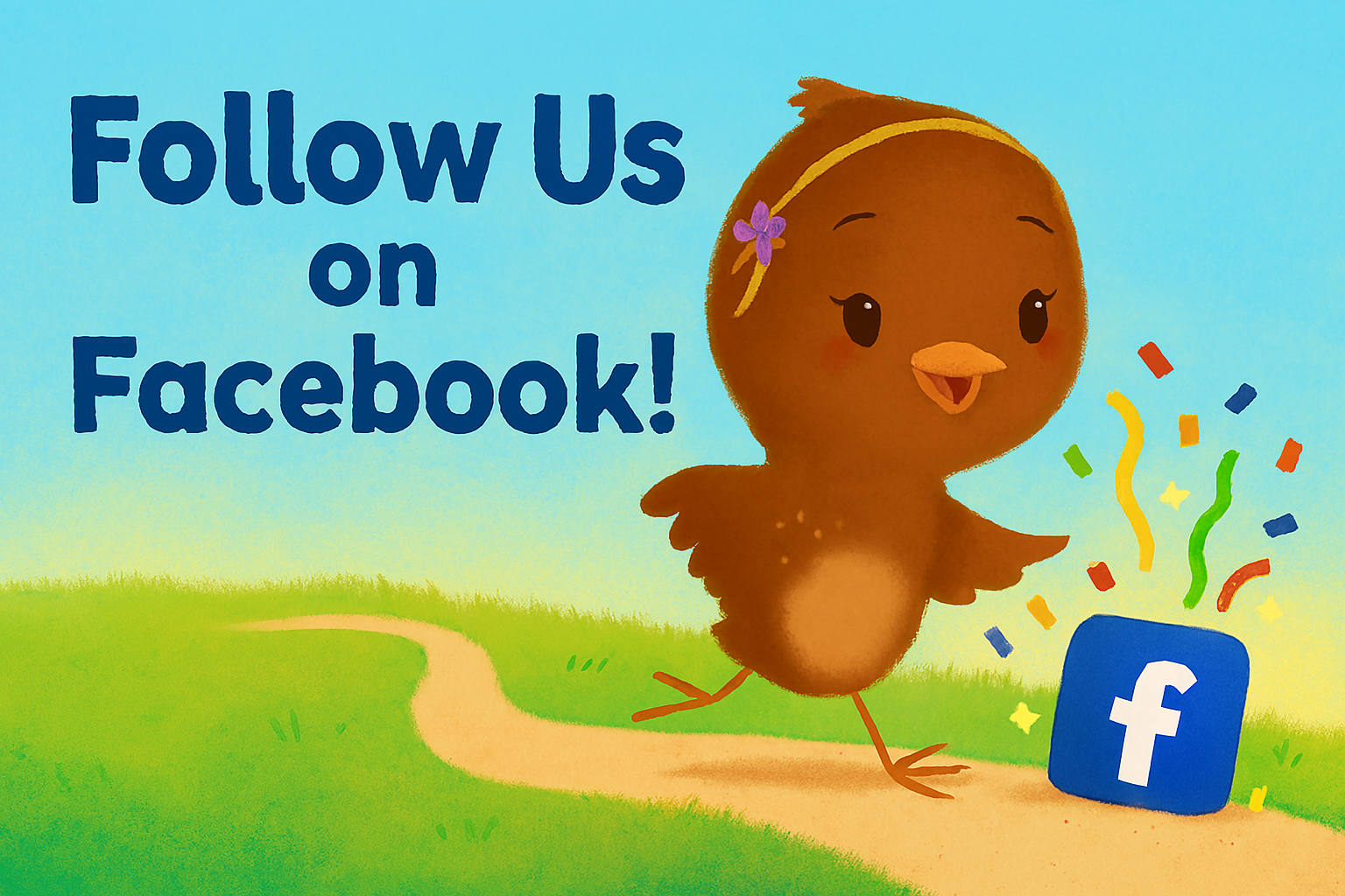 Rosemary Chick wearing a purple flower headband, standing next to a Facebook logo, with colorful confetti and the text 'Follow Us on Facebook!'