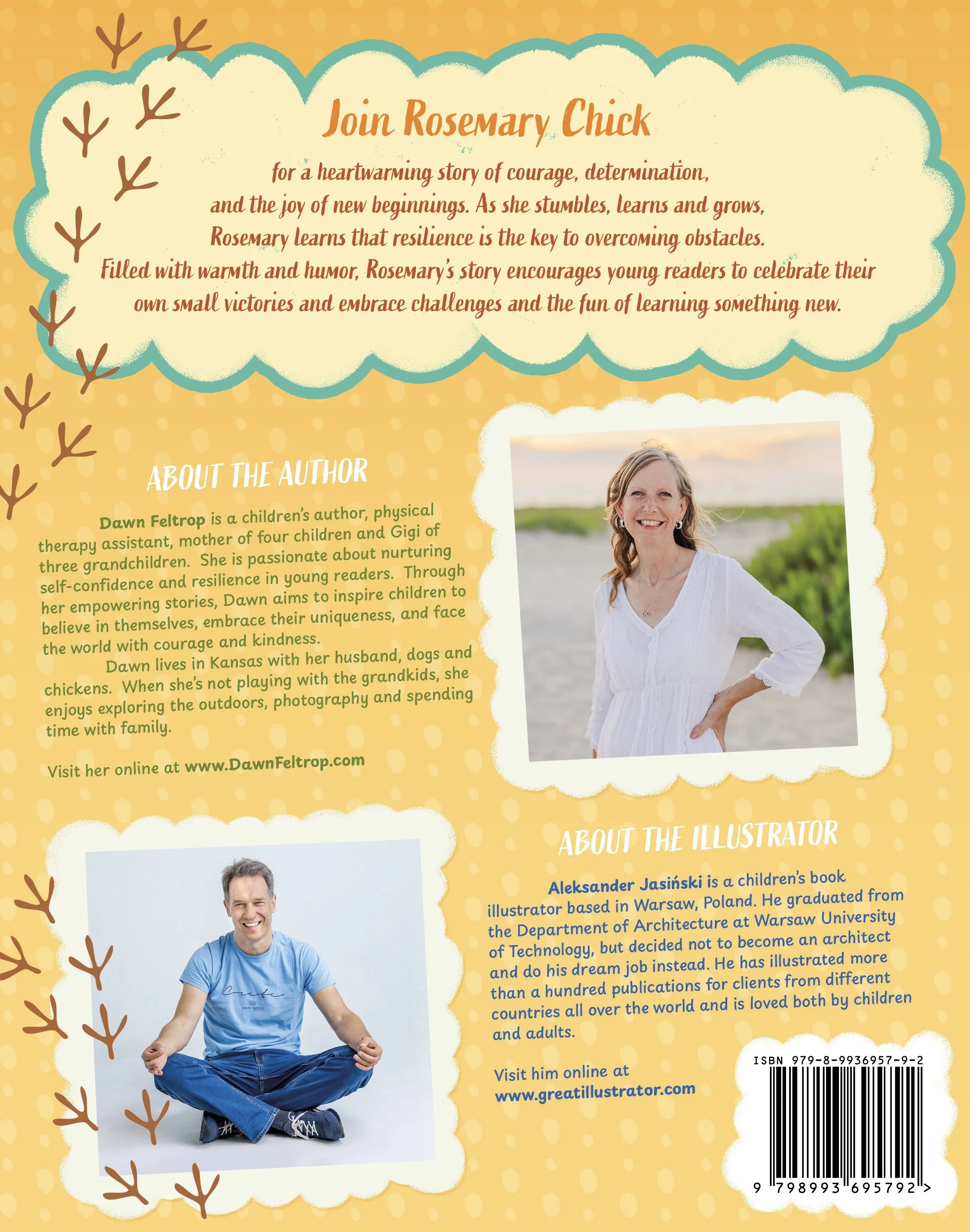 Back cover of Rosemary Chick:  Pip, Zip, Hooray! showing the story description, author and illustrator information.