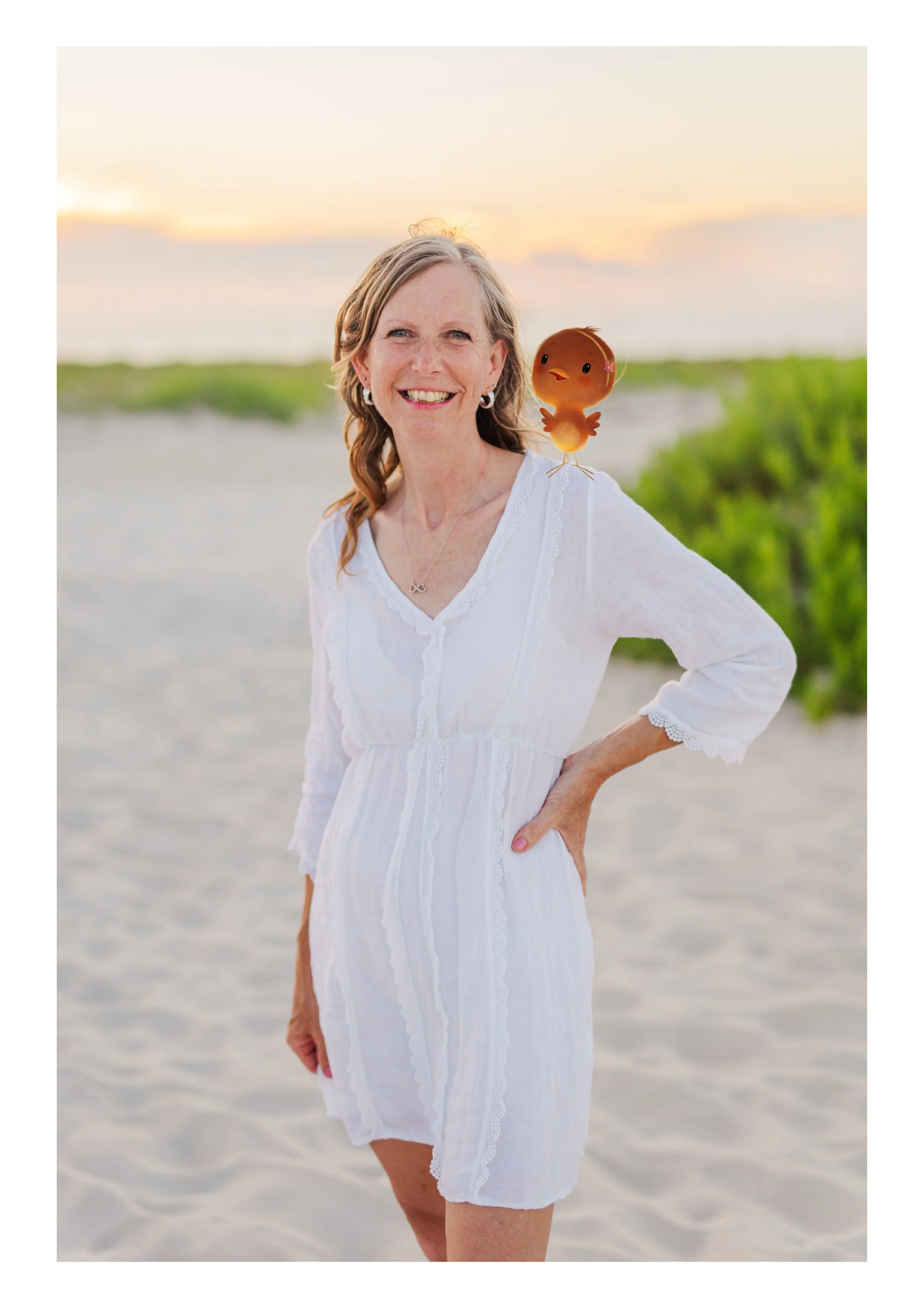 A smiling woman in a white dress on a beach at sunset with a small animated chicken perched on her shoulder.