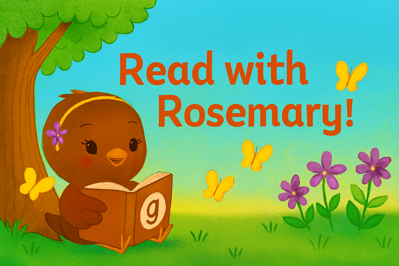 A cartoon illustration of Rosemary Chick reading a book under a tree, surrounded by yellow and purple butterflies and purple flowers, with the text "Read with Rosemary!" in large red letters.