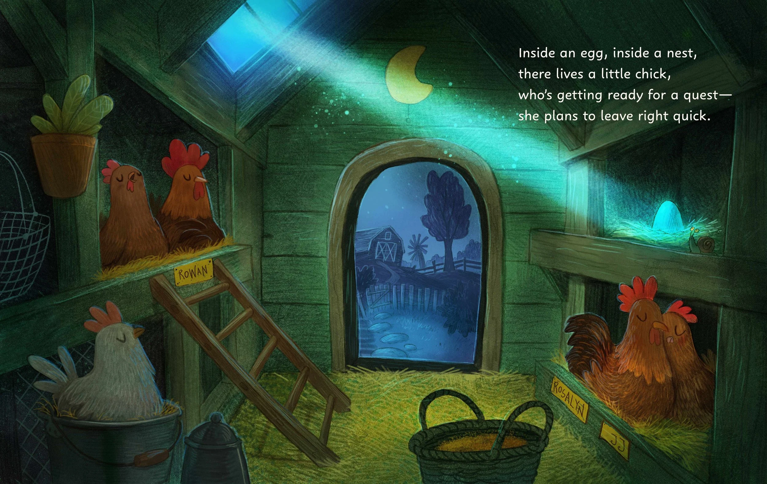Inside illustration spread of Rosemary Chick:  Pip, Zip, Hooray! showing chickens sleeping inside of a chicken coop with a moonbeam shining on an egg inside a nest.