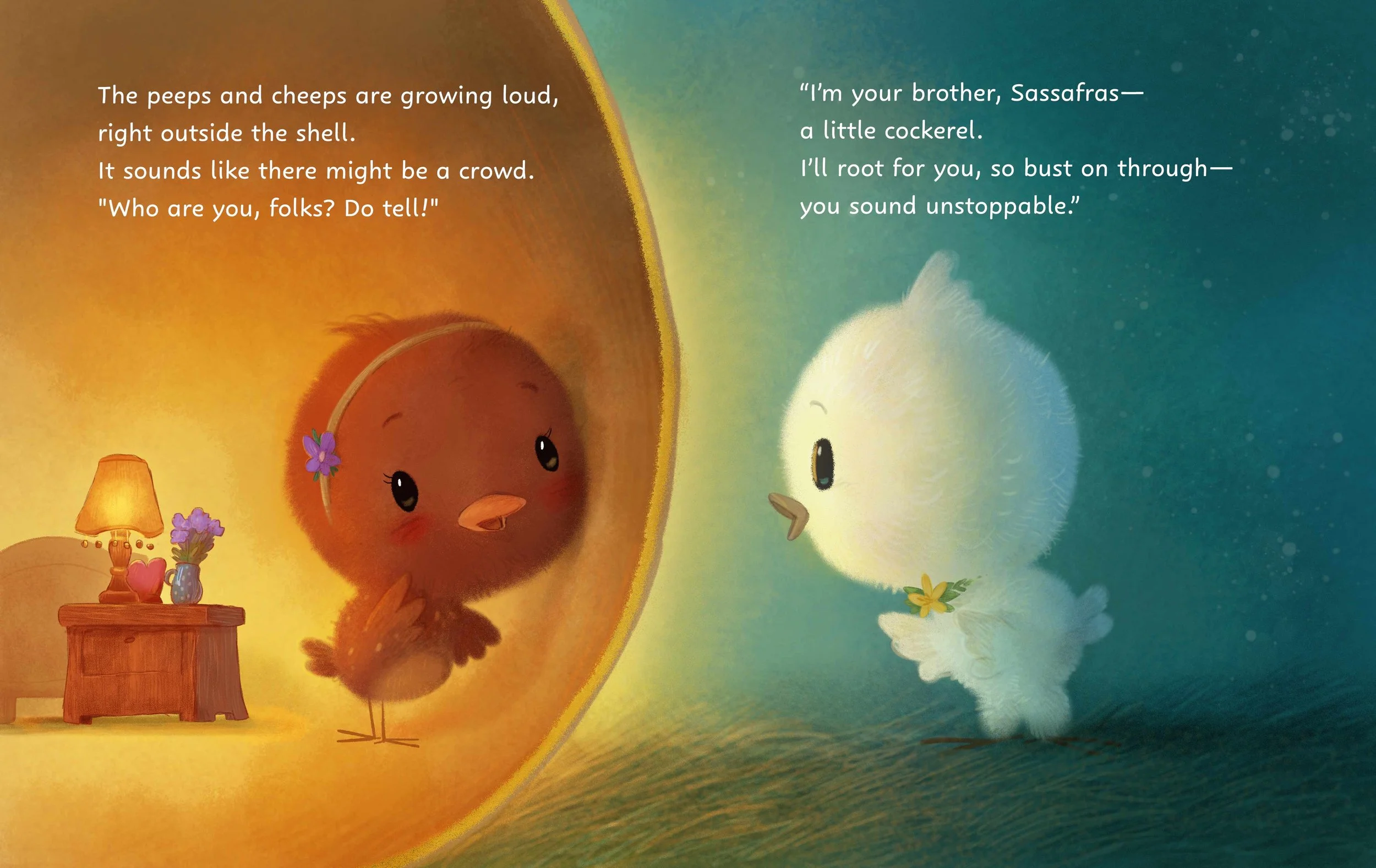 Inside spread of Rosemary Chick:  Pip, Zip, Hooray! showing Rosemary Chick inside the egg talking to Sassafras outside of the egg.